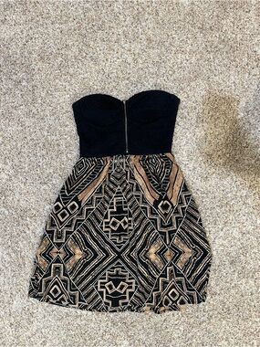 Lovely Day Strapless Black & Gold Geo Mini Dress